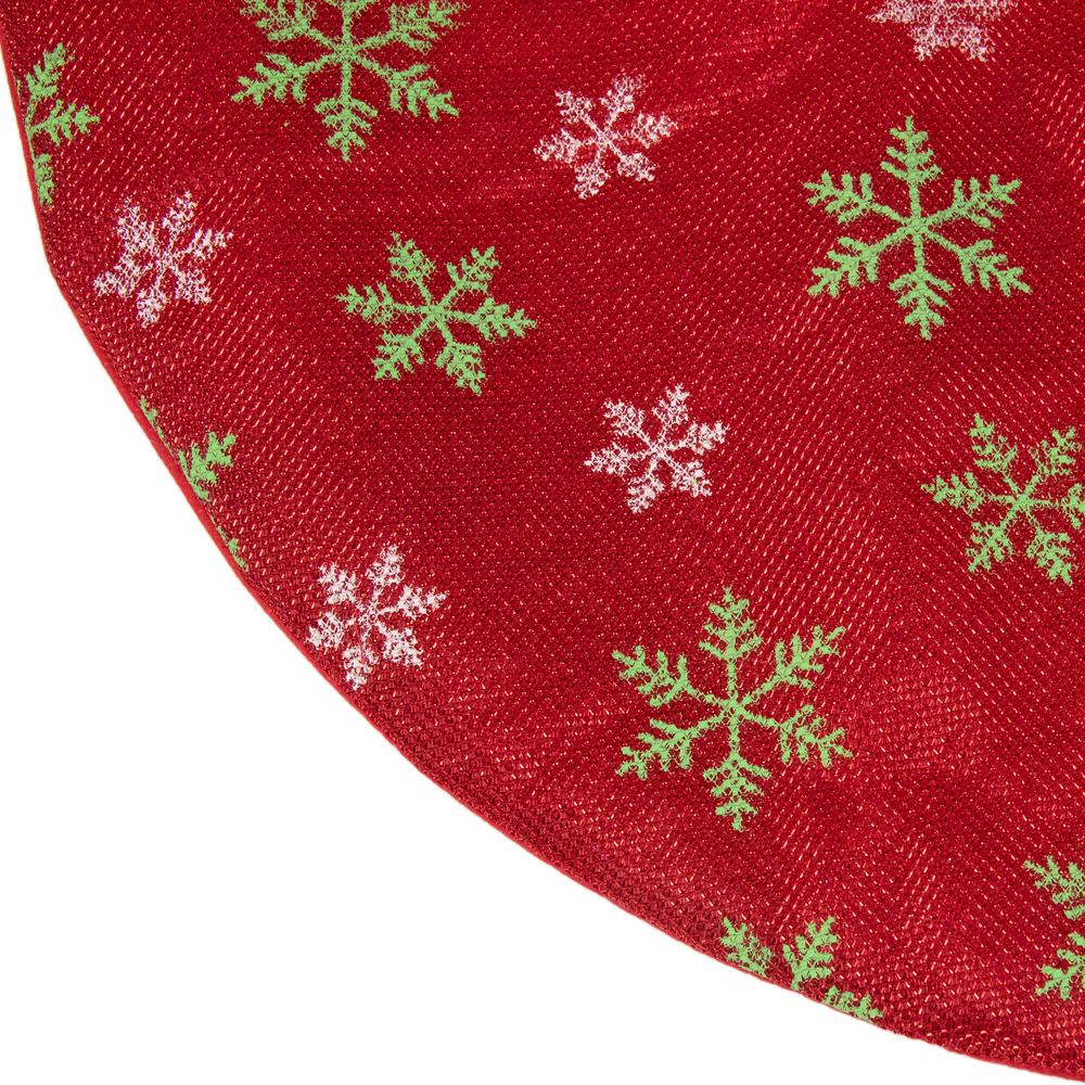 20" Metallic Red with Green and White Snowflakes Mini Christmas Tree Skirt. Picture 3
