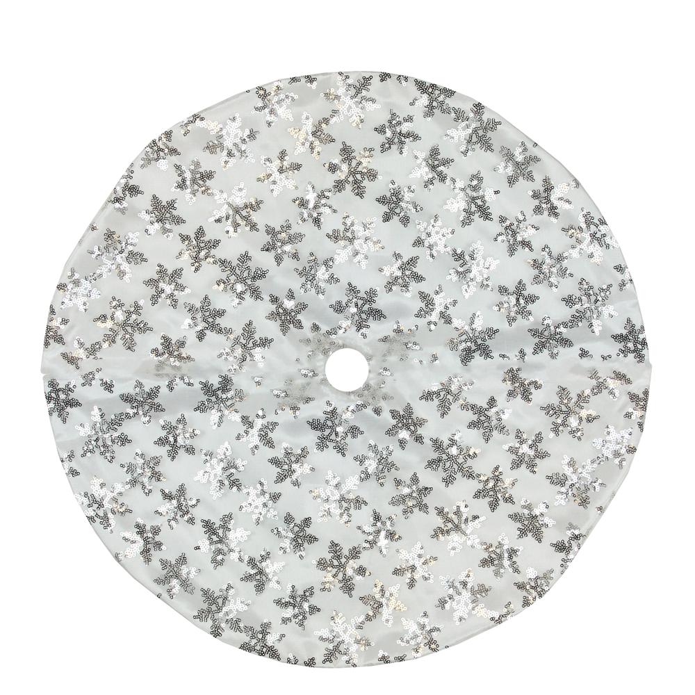 20" White and Silver Sequin Snowflake Mini Christmas Tree Skirt. Picture 1