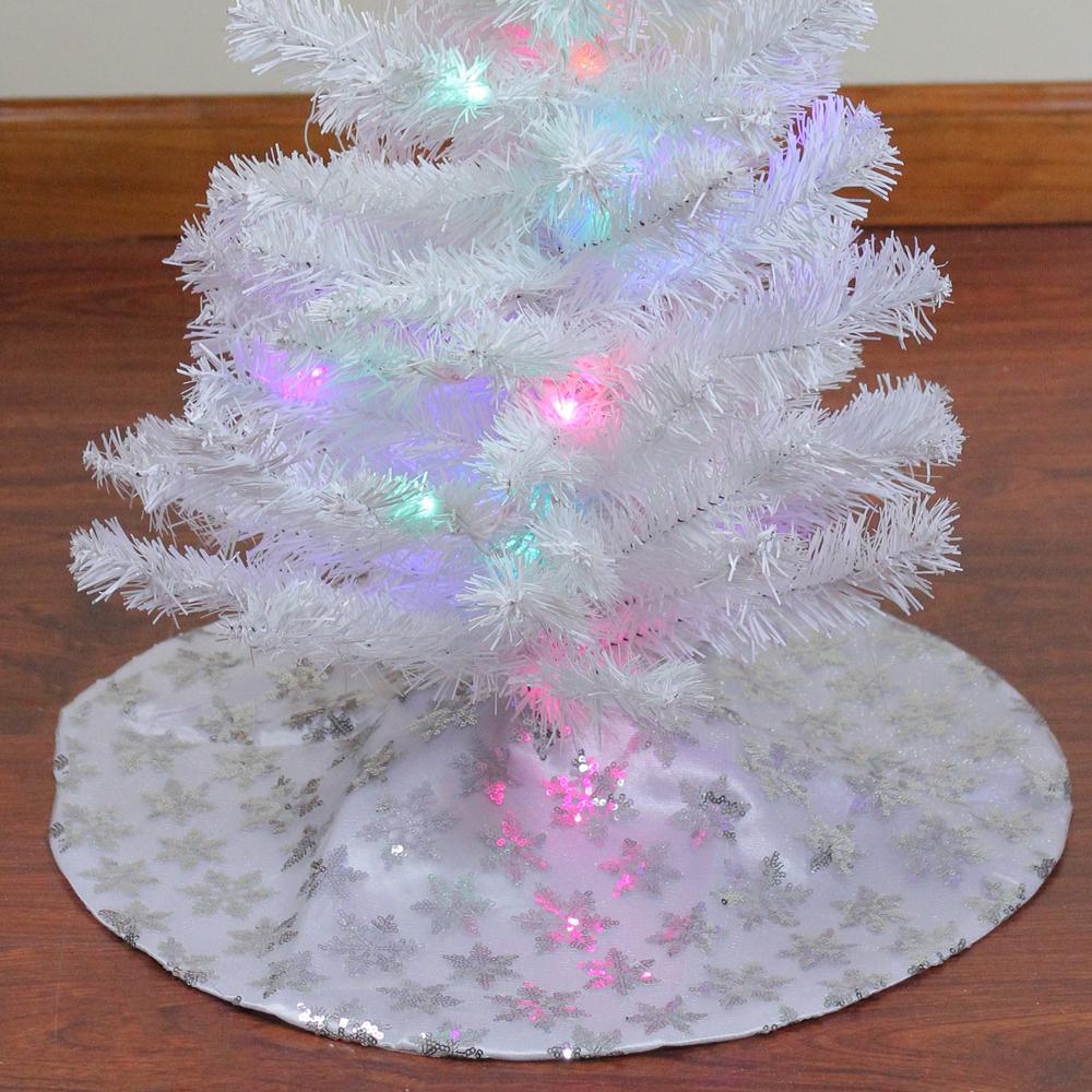 20" White and Silver Sequin Snowflake Mini Christmas Tree Skirt. Picture 2