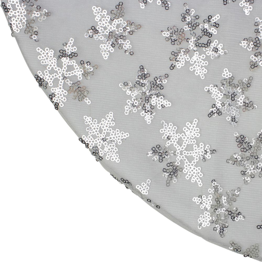 20" White and Silver Sequin Snowflake Mini Christmas Tree Skirt. Picture 3