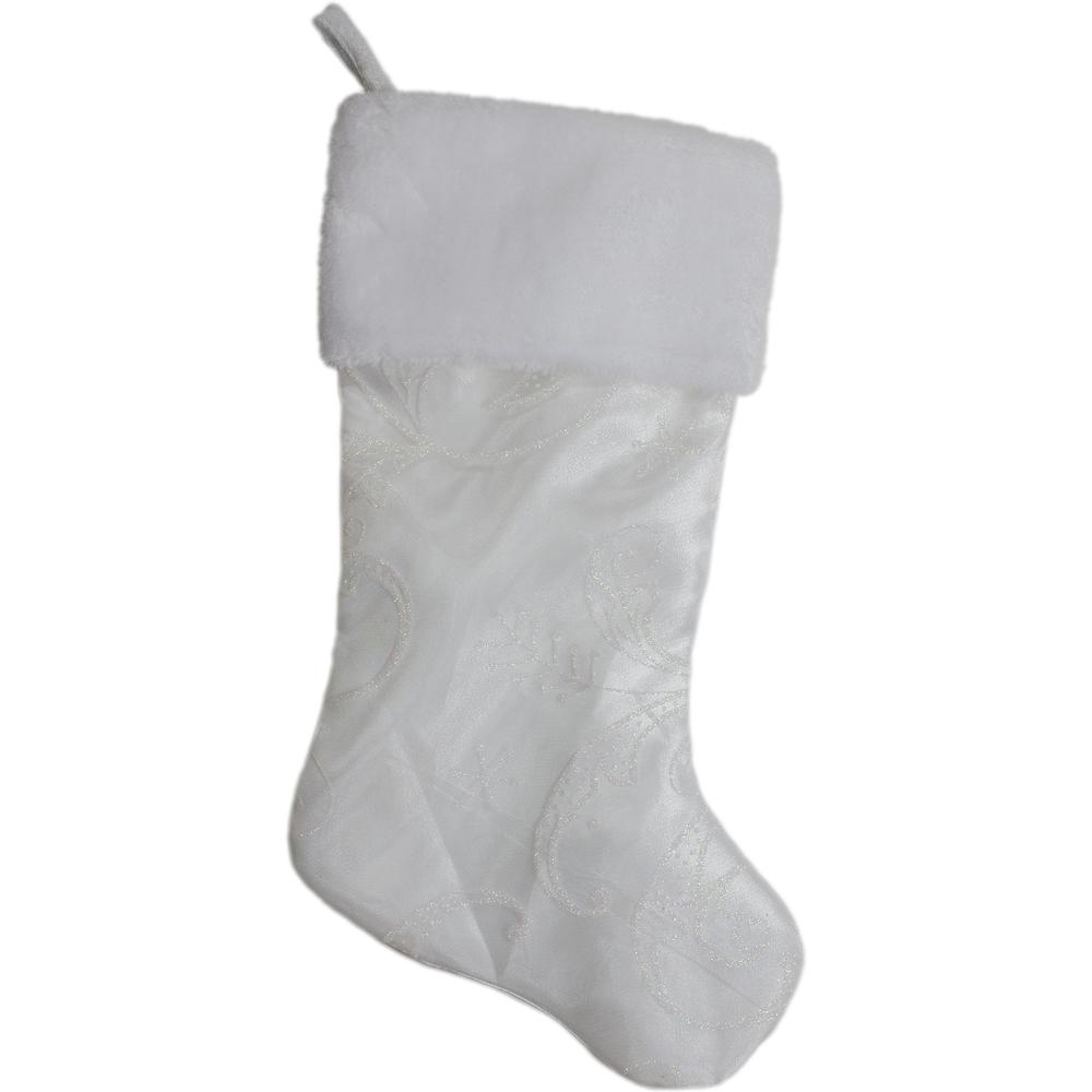 20.5-Inch White Glitter Sheer Organza With a Faux Fur Cuff Christmas Stocking. Picture 1
