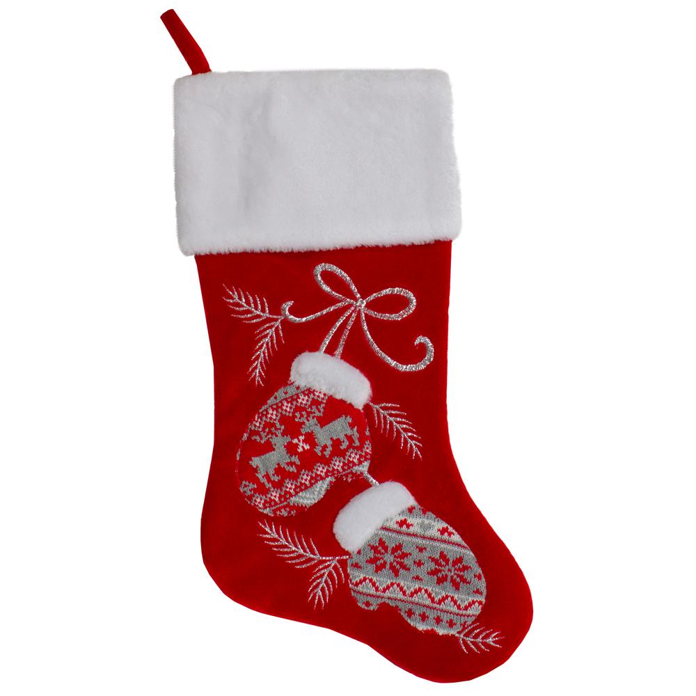 20.5-Inch Red and White Winter Mittens Embroidered Christmas Stocking. Picture 1