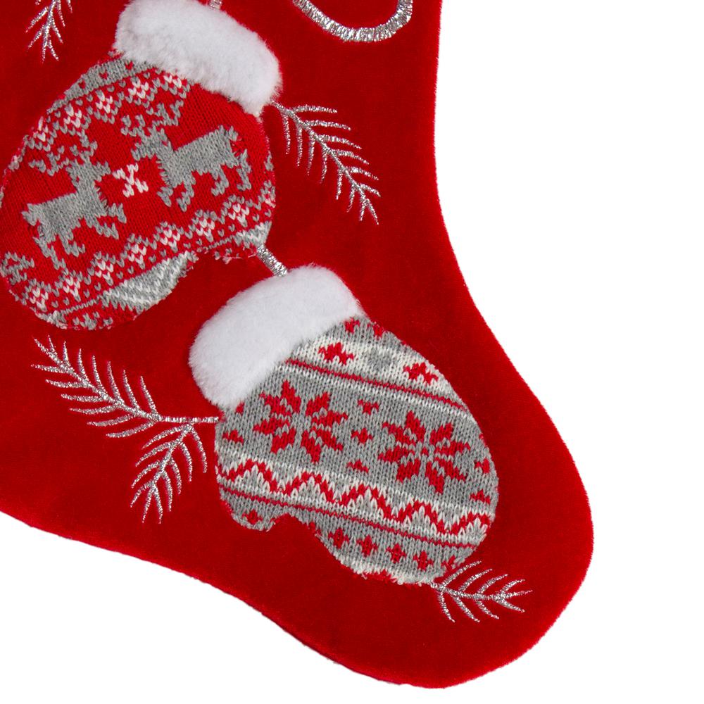 20.5-Inch Red and White Winter Mittens Embroidered Christmas Stocking. Picture 2