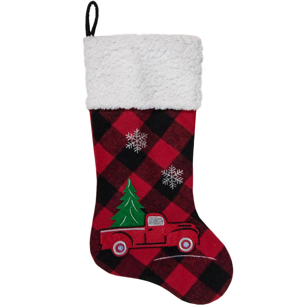 20.5" Red and Black Plaid Christmas Stocking With a Vintage Truck. Picture 1