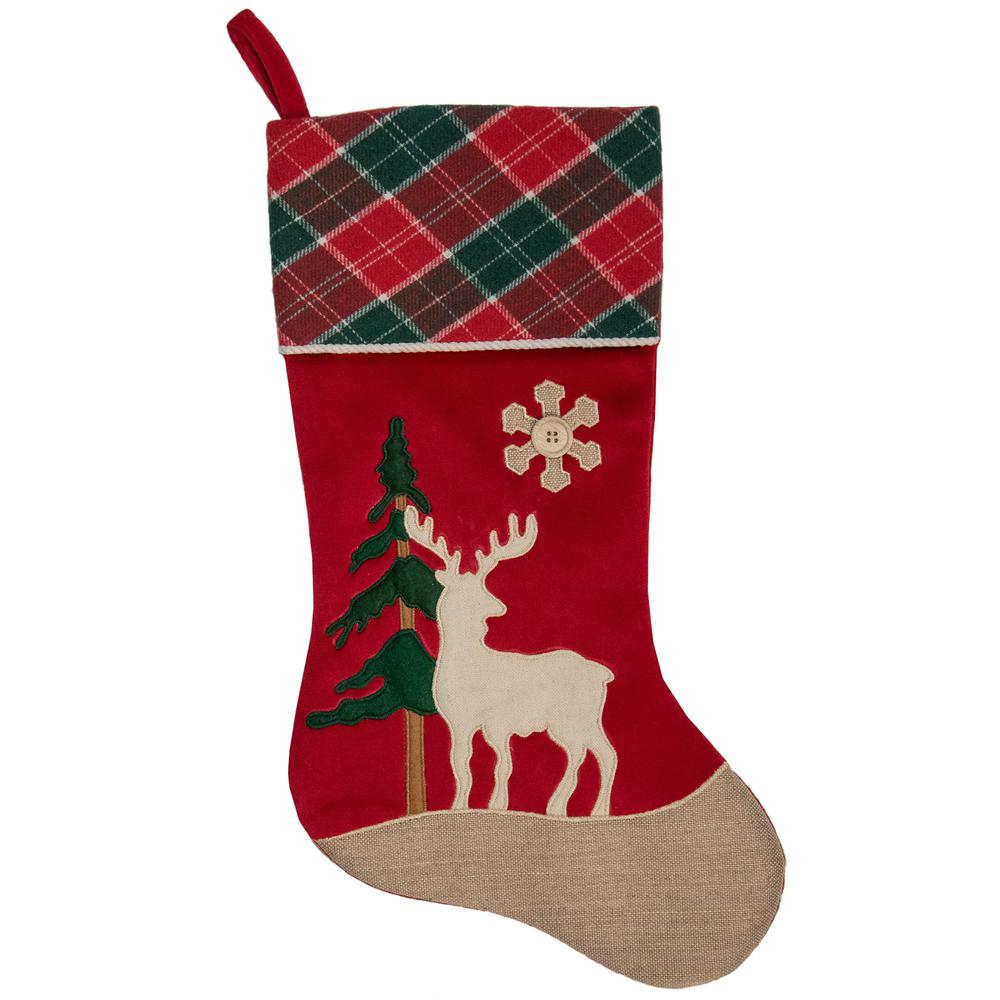 20.5-Inch Red and Green Plaid Christmas Stocking with a Pine Tree and Moose. Picture 1