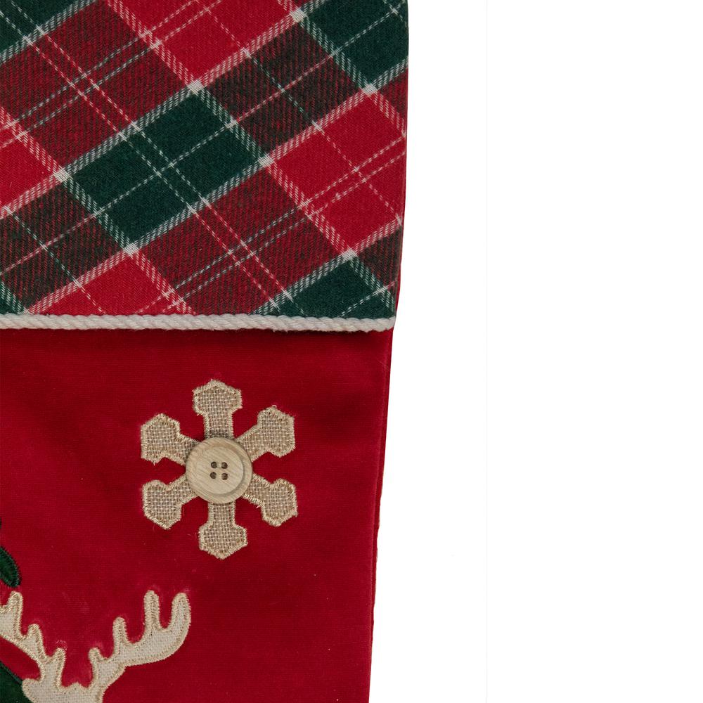 20.5-Inch Red and Green Plaid Christmas Stocking with a Pine Tree and Moose. Picture 3
