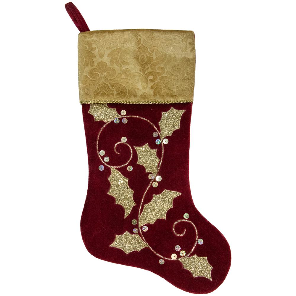 20.5-Inch Velvet Gold and Maroon Etched Cuff Christmas Stocking. Picture 1