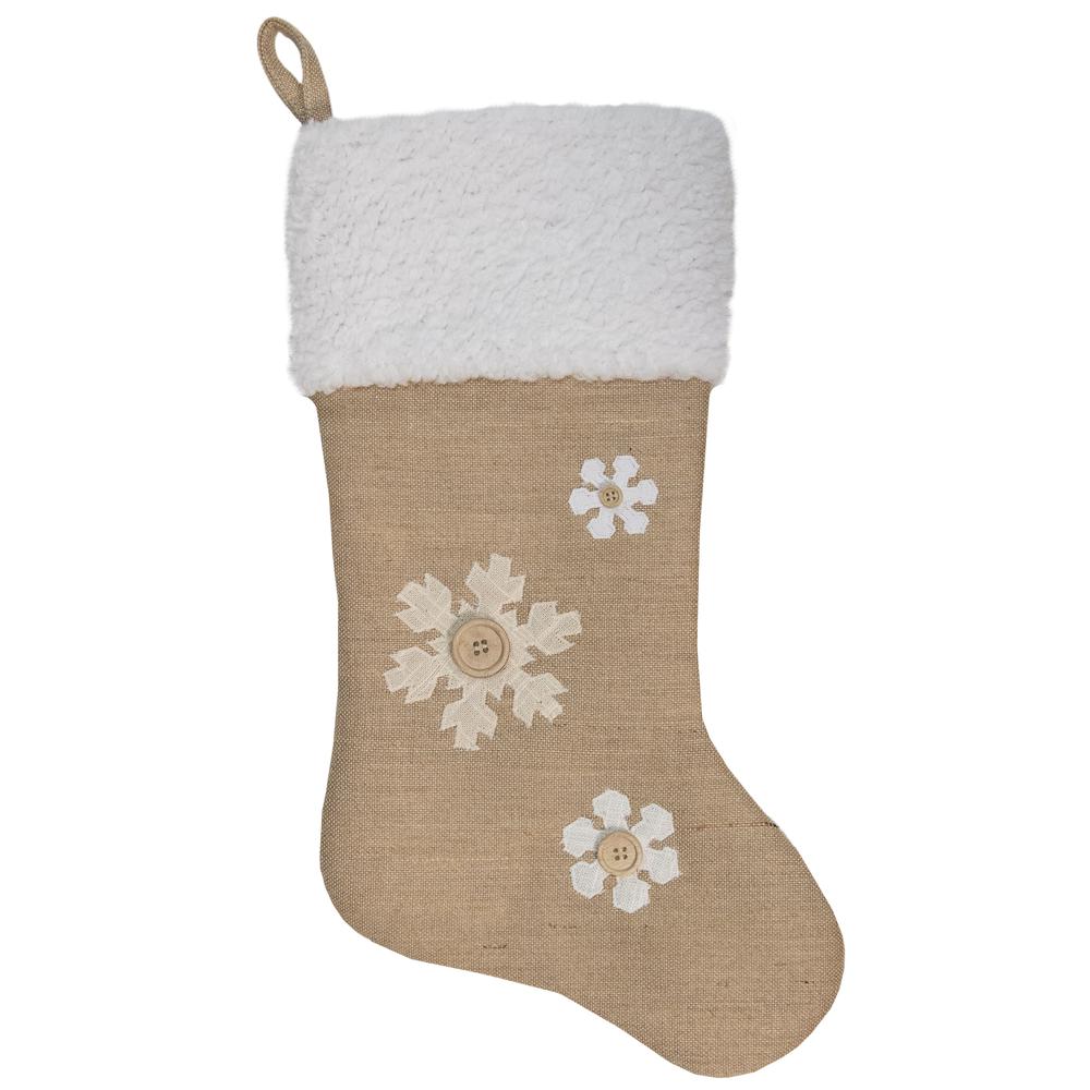 20.5" Beige and Ivory Snowflake Embroidered Christmas Stocking. Picture 1