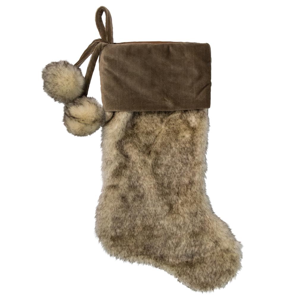 20.5-Inch Brown Christmas Stocking with Corduroy Cuff and Pom Poms. Picture 1