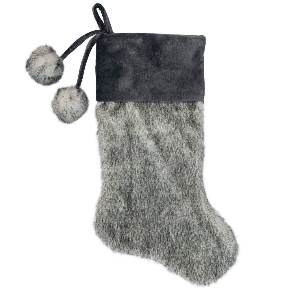 20.5-Inch Gray Faux Fur Christmas Stocking with Corduroy Cuff and Pom Poms. Picture 1