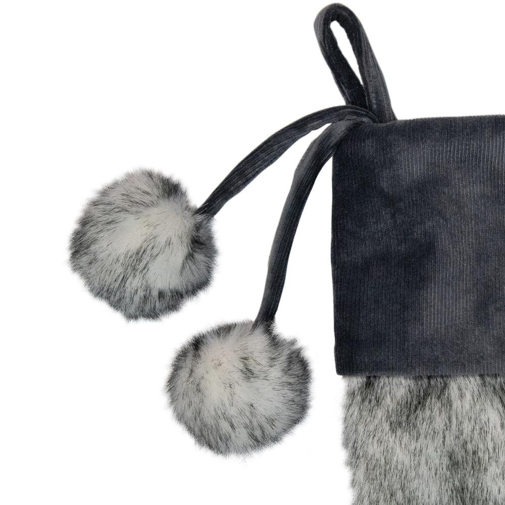 20.5-Inch Gray Faux Fur Christmas Stocking with Corduroy Cuff and Pom Poms. Picture 2
