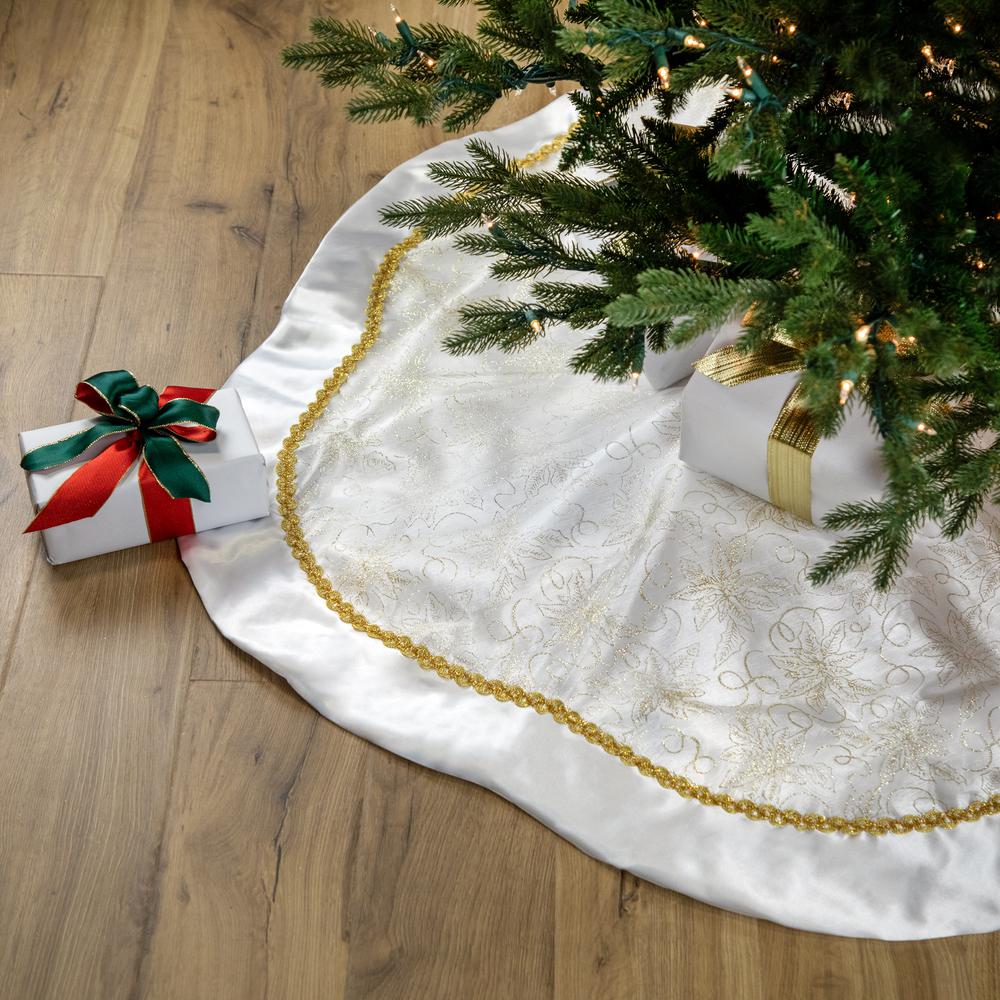48" White and Gold Glitter Poinsettia Scalloped Christmas Tree Skirt. Picture 2