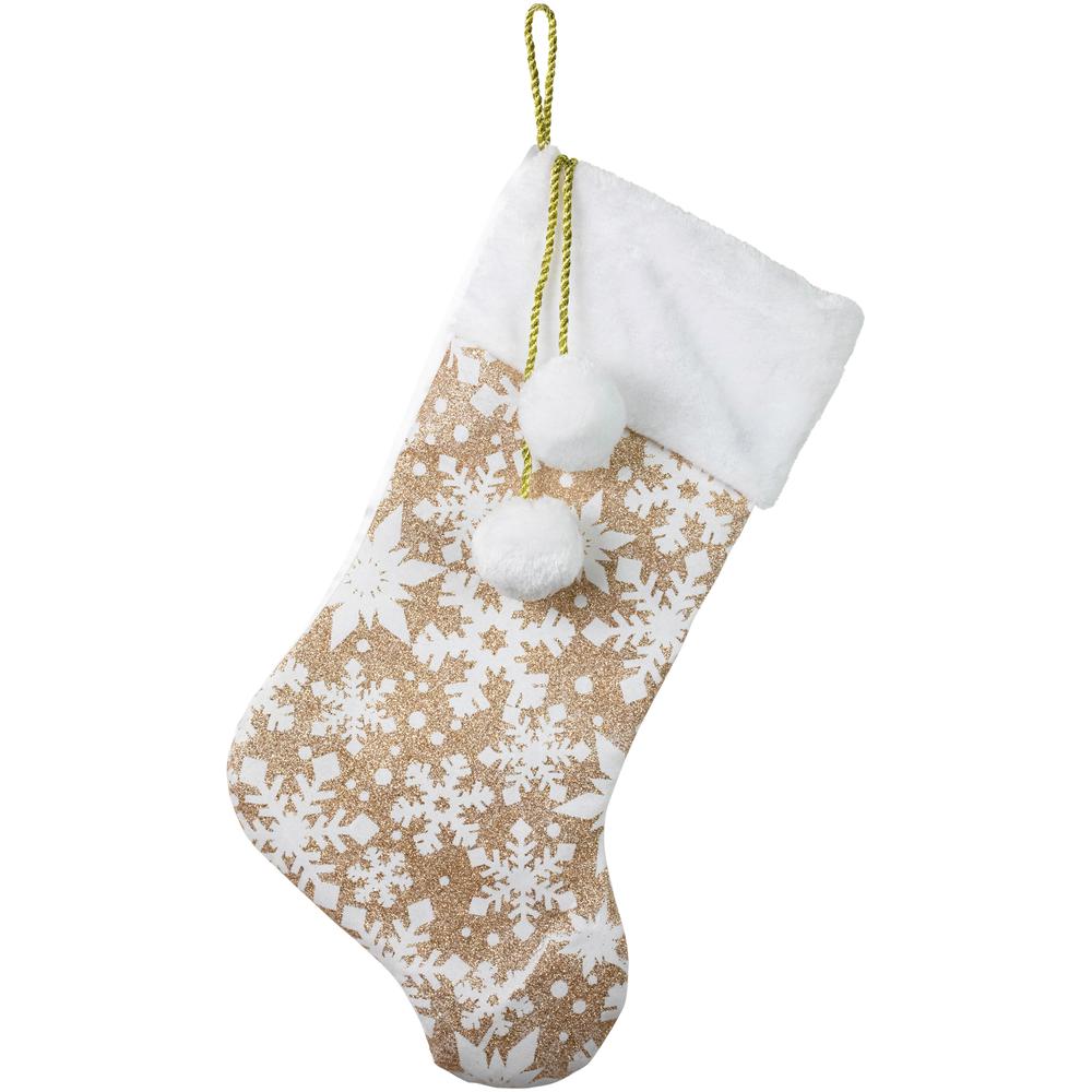 20.5" Glittered Gold Christmas Stocking with Snowflakes and Pom Poms. Picture 1