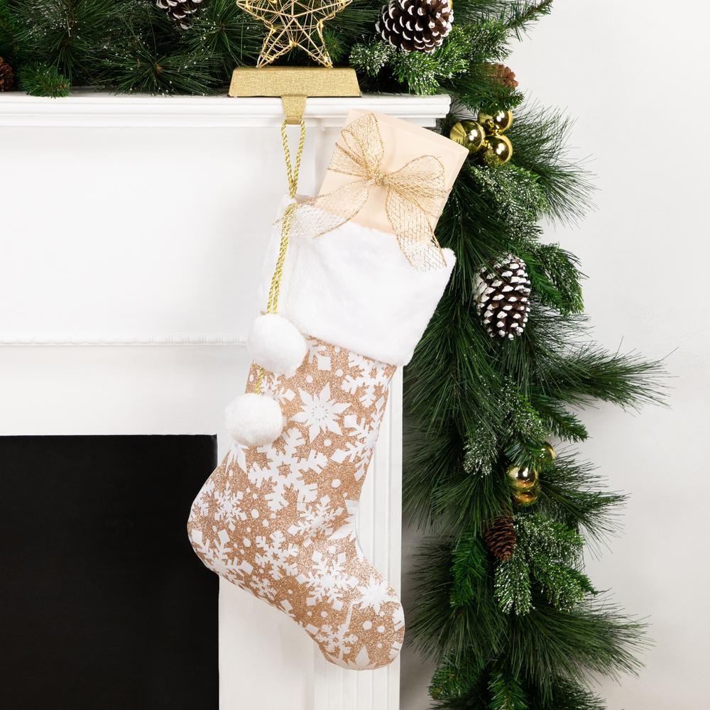 20.5" Glittered Gold Christmas Stocking with Snowflakes and Pom Poms. Picture 2