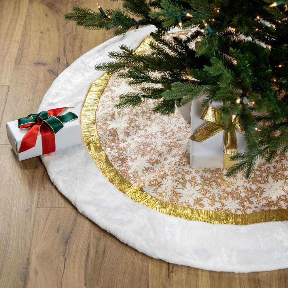 48" White and Gold Snowflake Christmas Tree Skirt. Picture 2