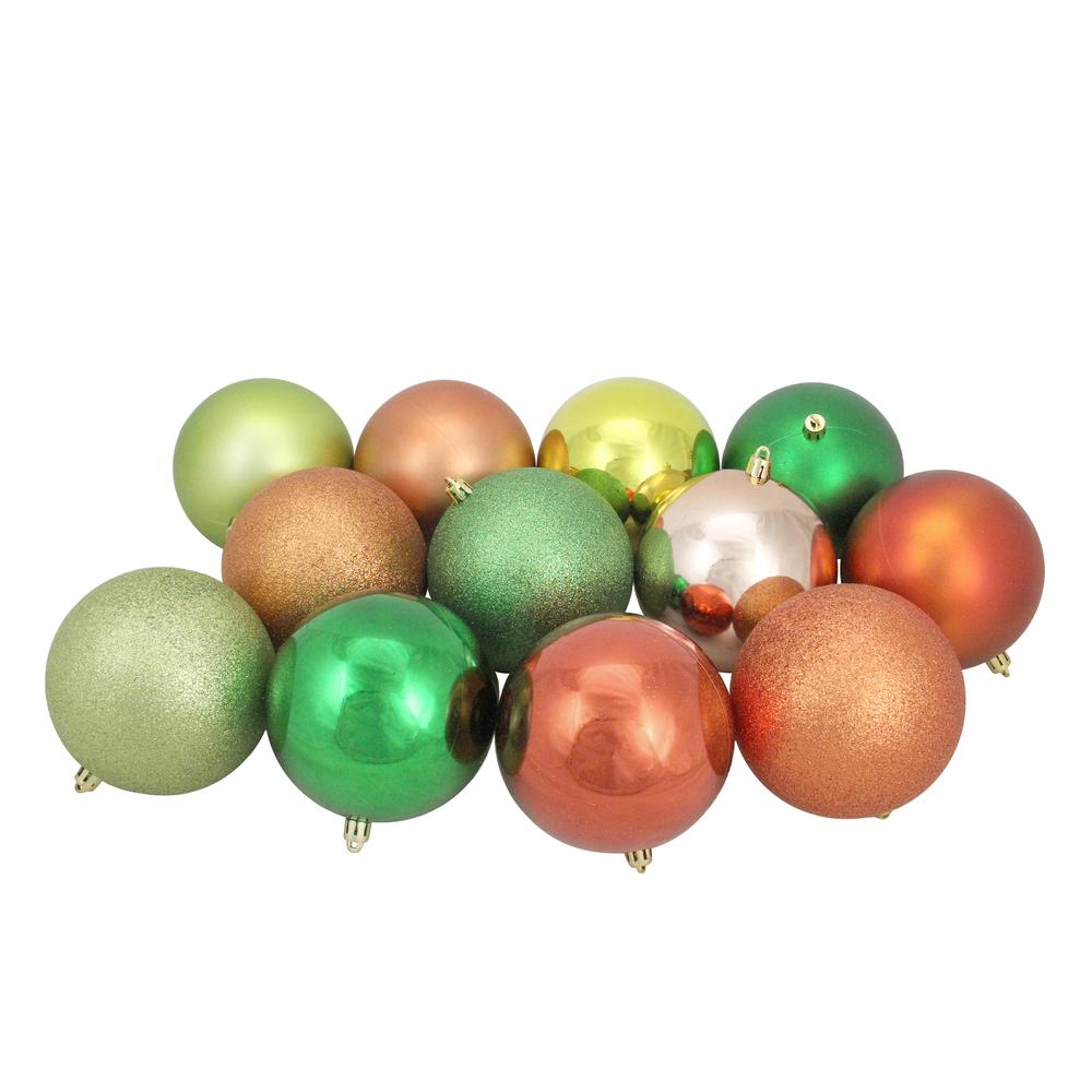 12ct Orange and Green Shatterproof 3-Finish Christmas Ball Ornaments 4" (100mm). Picture 1