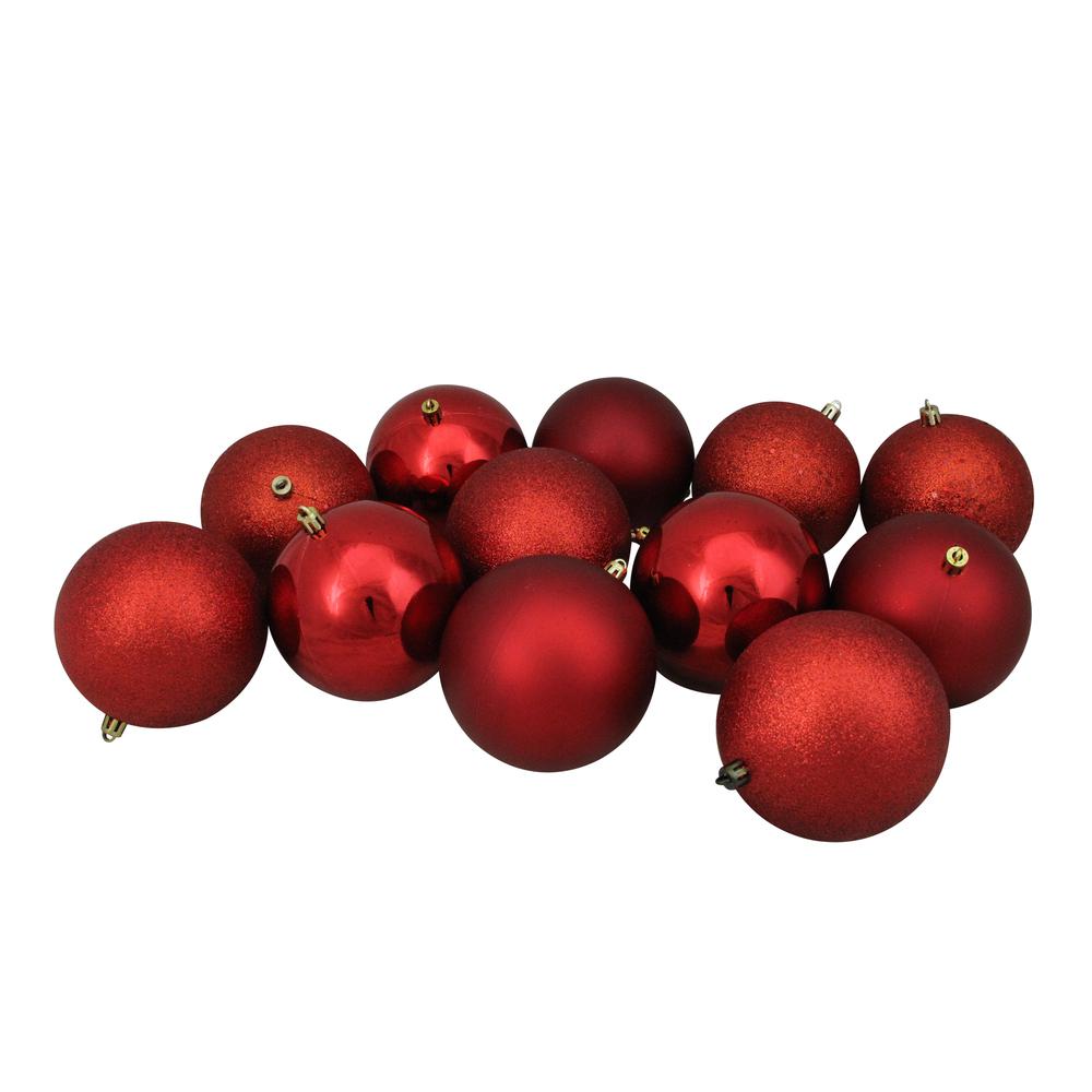 12ct Red Shatterproof 4-Finish Christmas Ball Ornaments 4" (100mm). Picture 1
