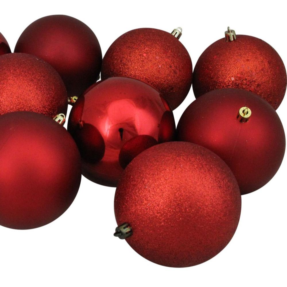 12ct Red Shatterproof 4-Finish Christmas Ball Ornaments 4" (100mm). Picture 3