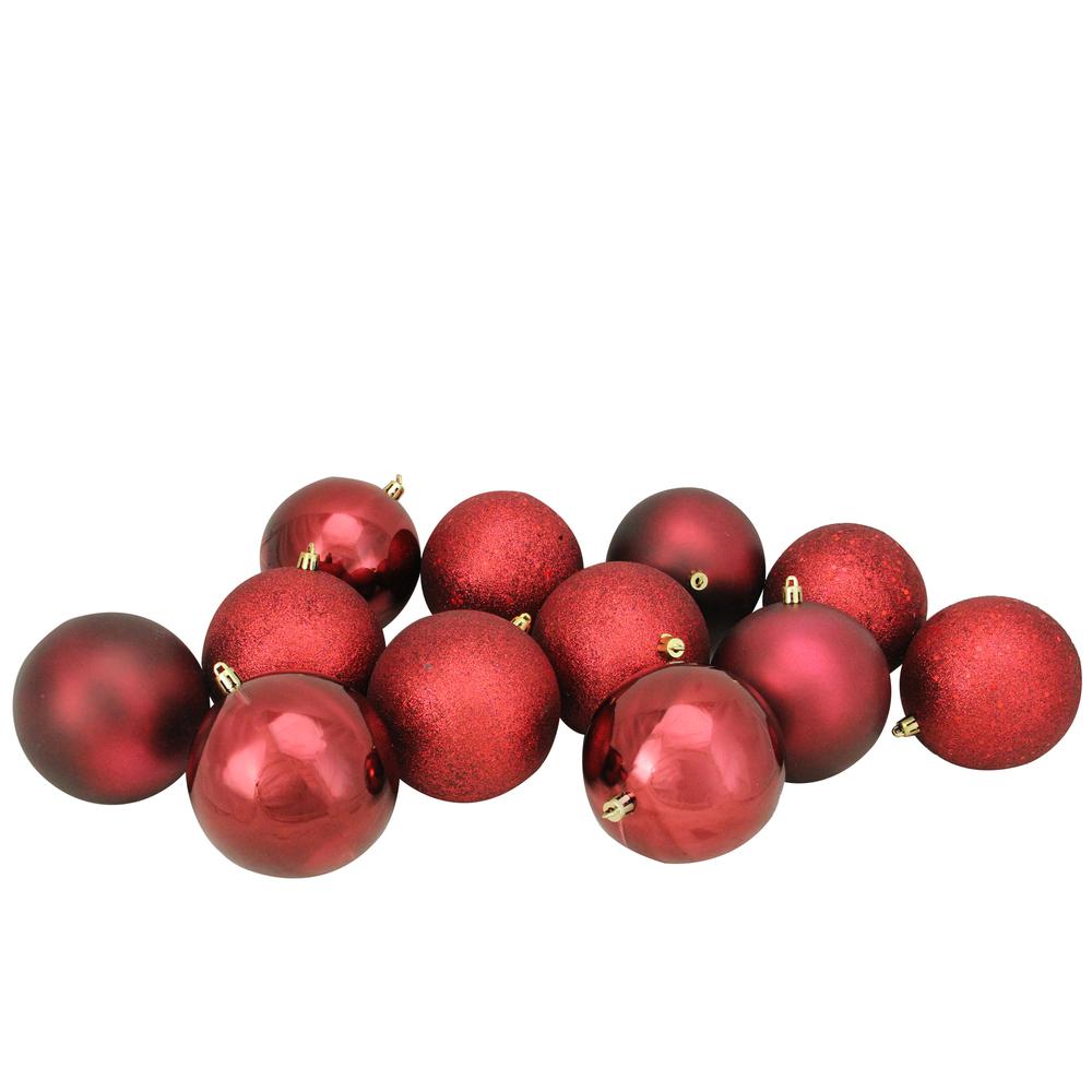 12ct Burgundy Shatterproof 4-Finish Christmas Ball Ornaments 3.25" (80mm). Picture 1