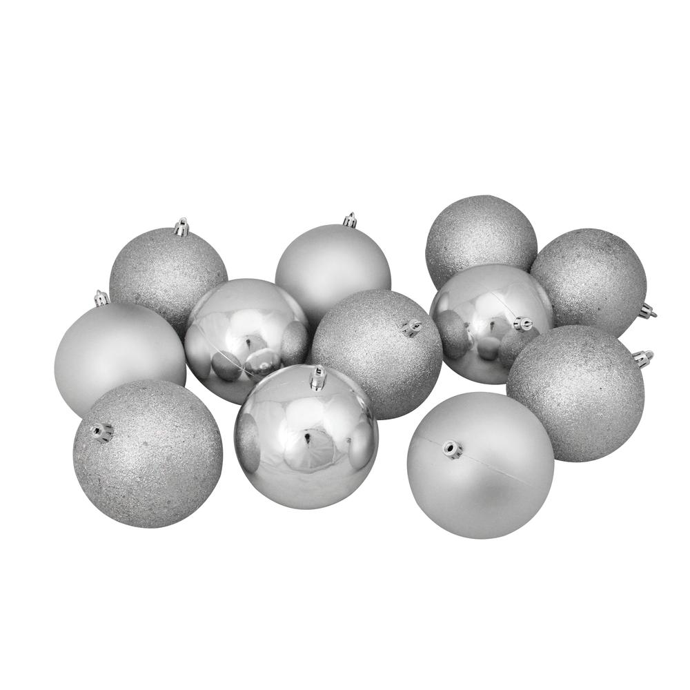 12ct Shatterproof 4-Finish Silver Splendor Christmas Ball Ornaments 4" (100mm). Picture 1