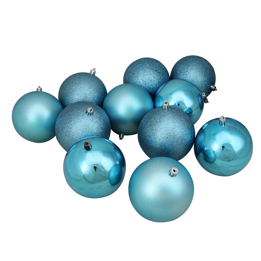 12ct Turquoise Blue Shatterproof 4-Finish Christmas Ball Ornaments 4" (100mm). Picture 1