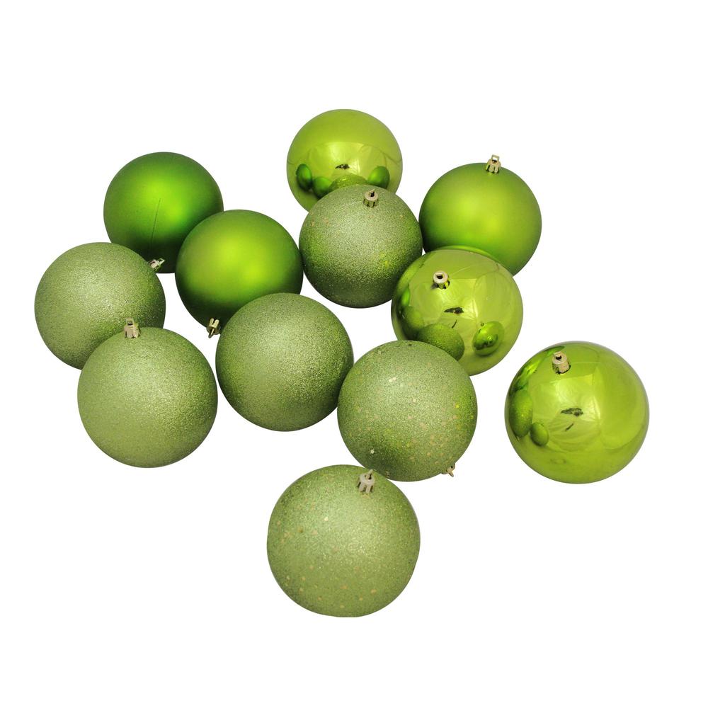 12ct Kiwi Green Shatterproof 4-Finish Christmas Hanging Ball Ornaments 4" (100mm). Picture 2