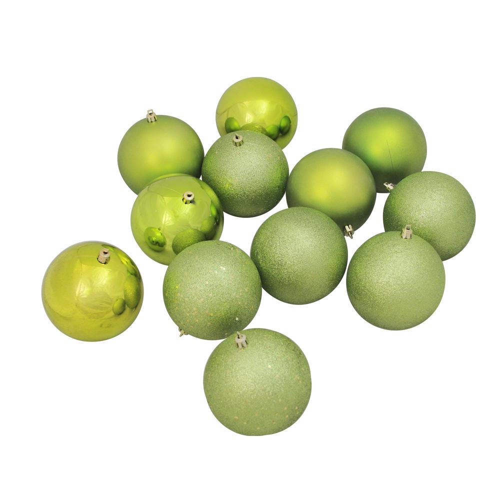 12ct Kiwi Green Shatterproof 4-Finish Christmas Hanging Ball Ornaments 4" (100mm). Picture 1