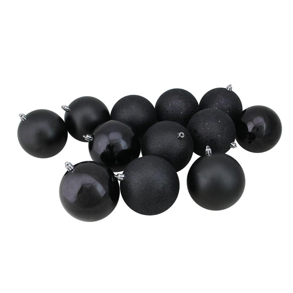 12ct Black Shatterproof 4-Finish Christmas Ball Ornaments 4" (100mm). Picture 1