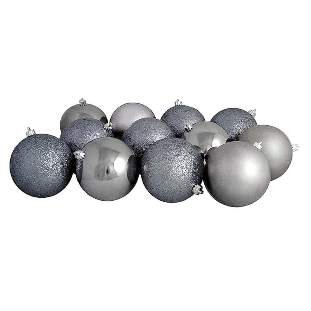 12ct Gray Shatterproof 4-Finish Christmas Ball Ornaments 4" (100mm). Picture 1