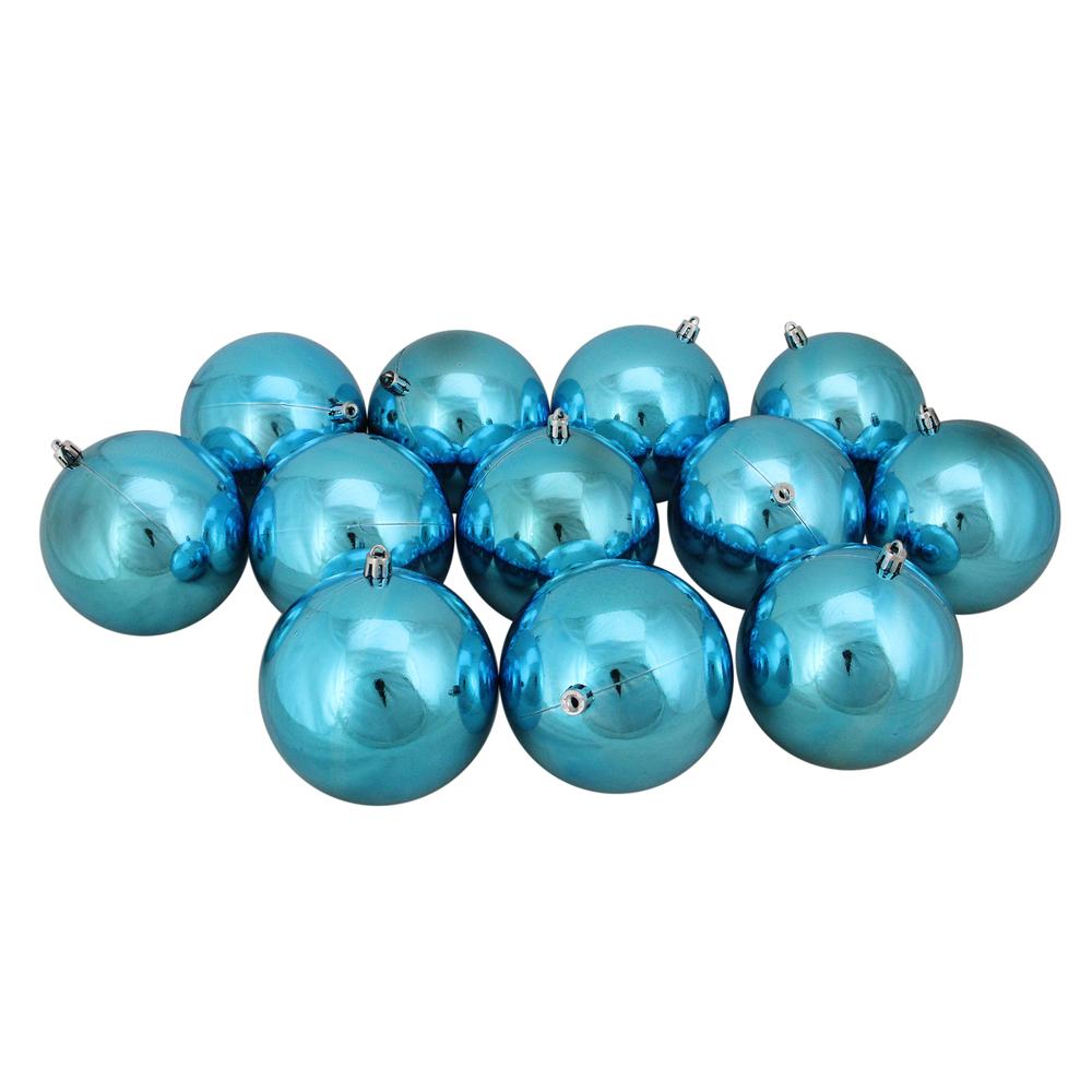 12ct Turquoise Blue Shatterproof Shiny Christmas Ball Ornaments 4" (100mm). Picture 1