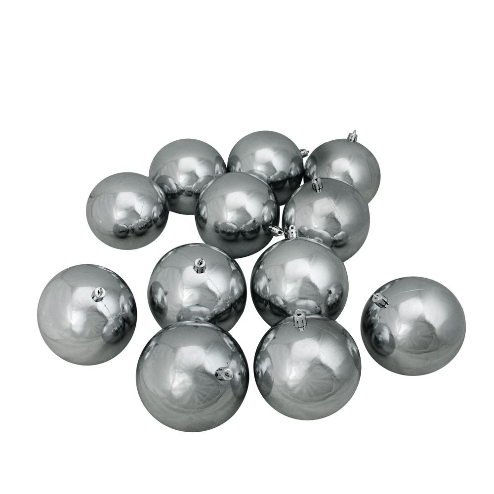 12ct Pewter Gray Shatterproof Shiny Christmas Ball Ornaments 4" (100mm). Picture 1
