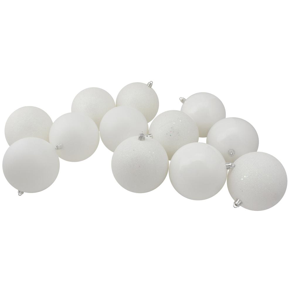12ct Winter White Shatterproof 4-Finish Christmas Ball Ornaments 4" (100mm). Picture 1