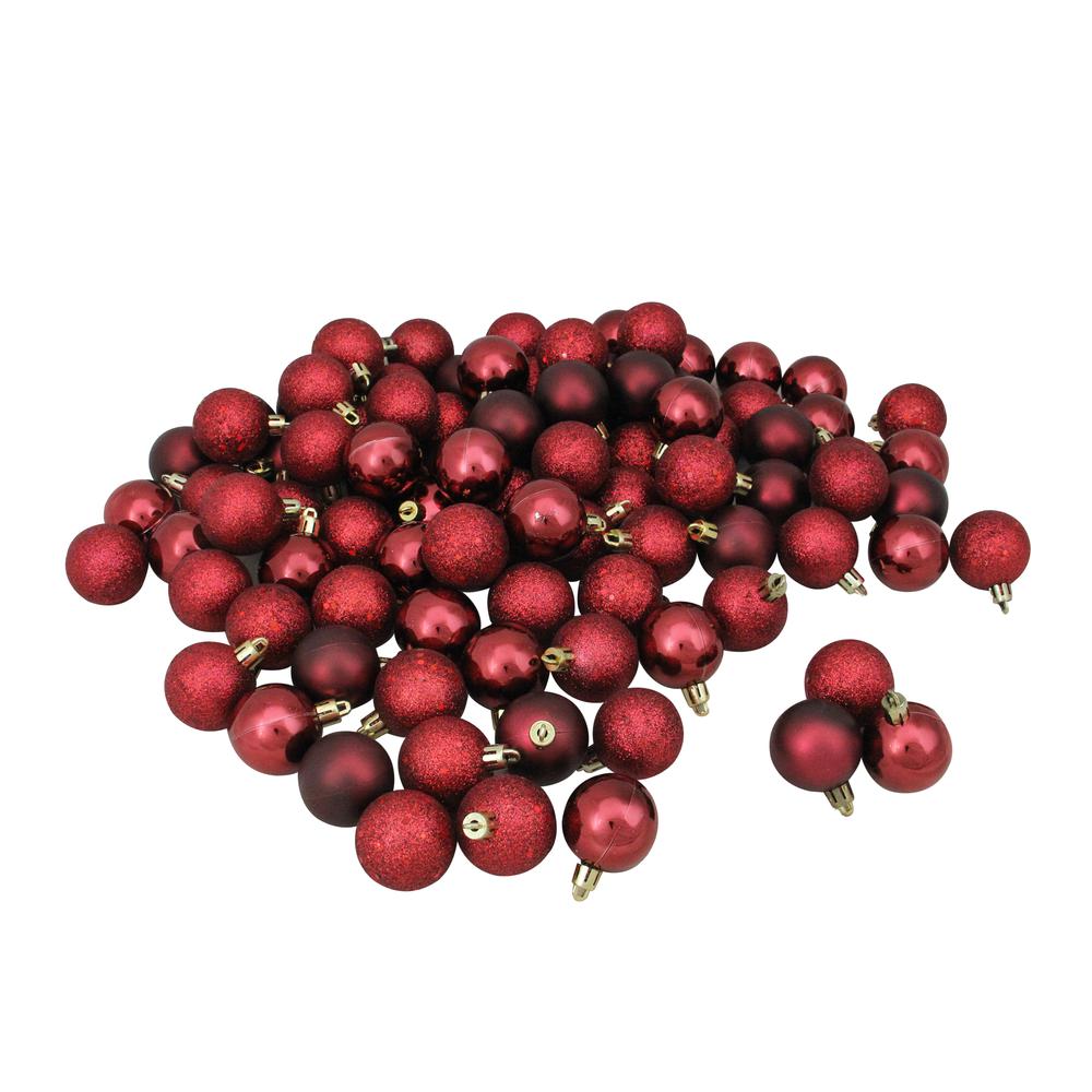 96ct Burgundy Red Shatterproof 4-Finish Christmas Ball Ornaments 1.5" (35mm). Picture 1