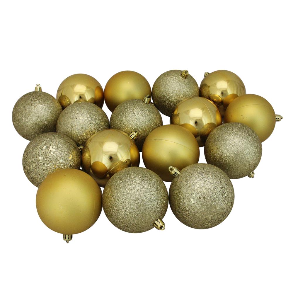 16ct Vegas Gold Shatterproof 4-Finish Christmas Ball Ornaments 3" (75mm). Picture 1