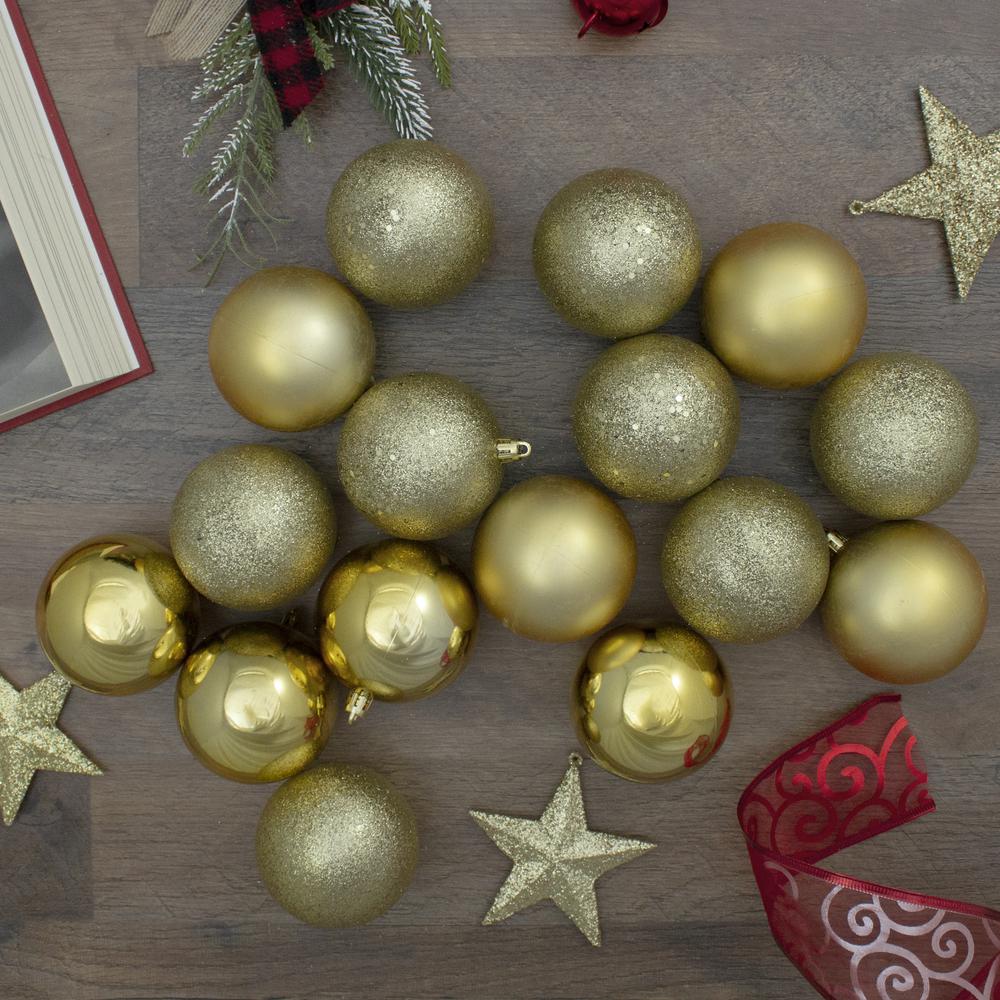 16ct Vegas Gold Shatterproof 4-Finish Christmas Ball Ornaments 3" (75mm). Picture 2