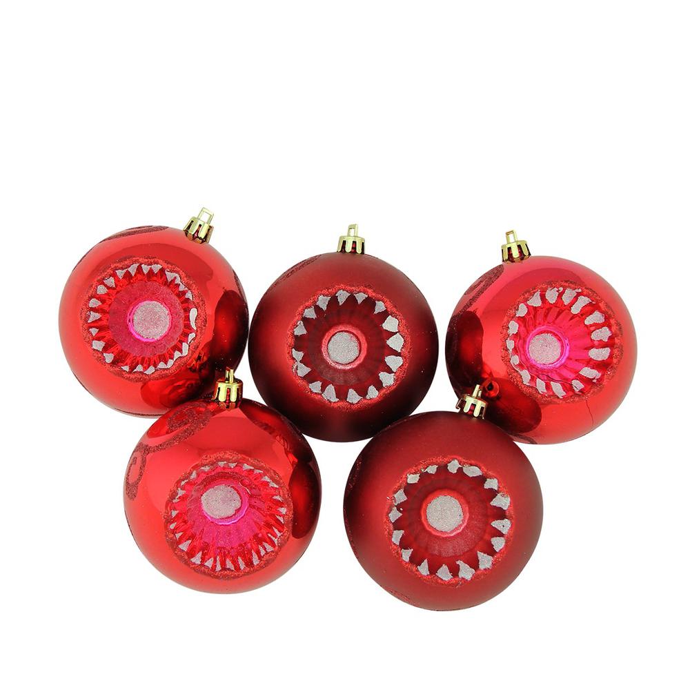 5ct Red Retro Reflector Shatterproof 2-Finish Christmas Ball Ornaments 3.25" (80mm). Picture 2