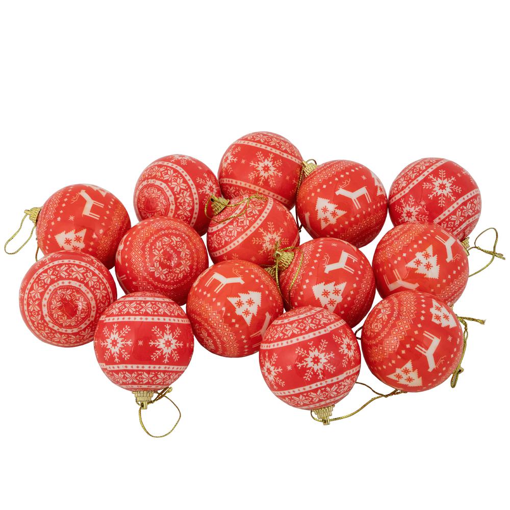 14-Piece Red and White Nordic Decoupage Christmas Ball Ornament Set 2.25" (60mm). Picture 2