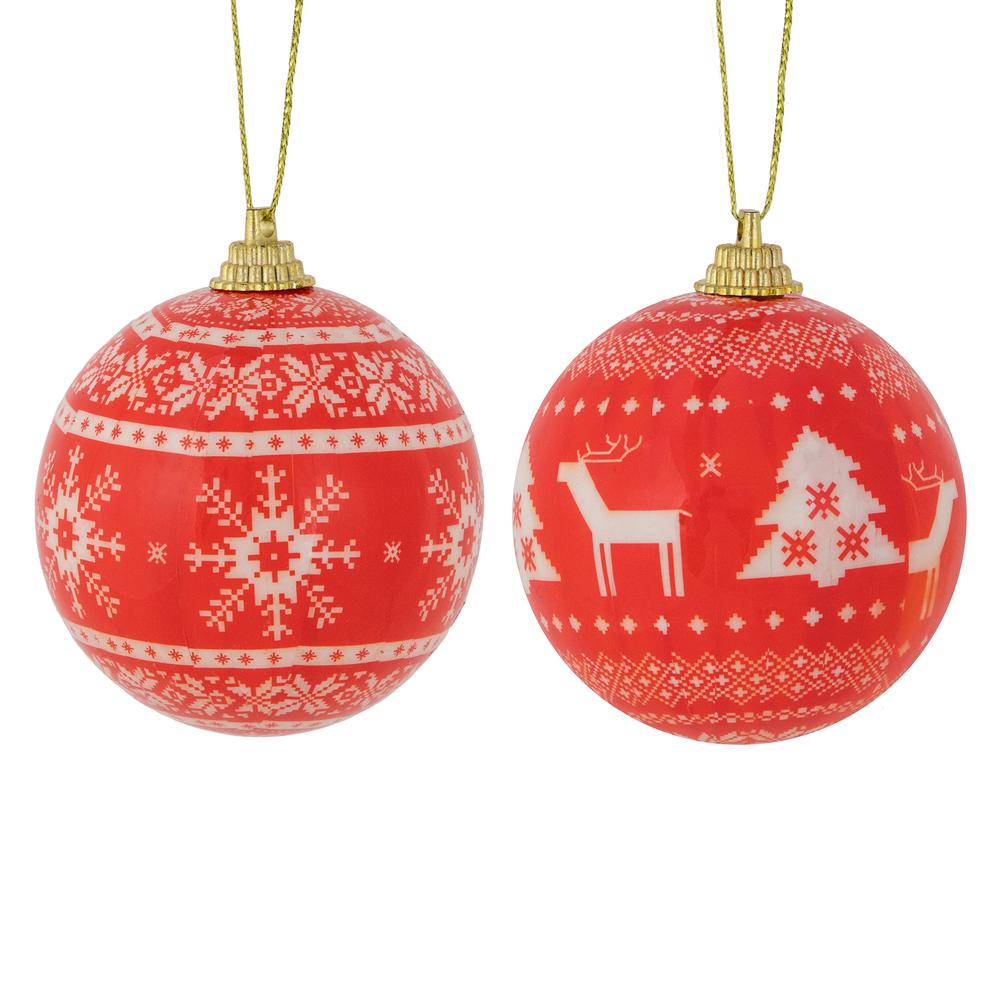 14-Piece Red and White Nordic Decoupage Christmas Ball Ornament Set 2.25" (60mm). Picture 1