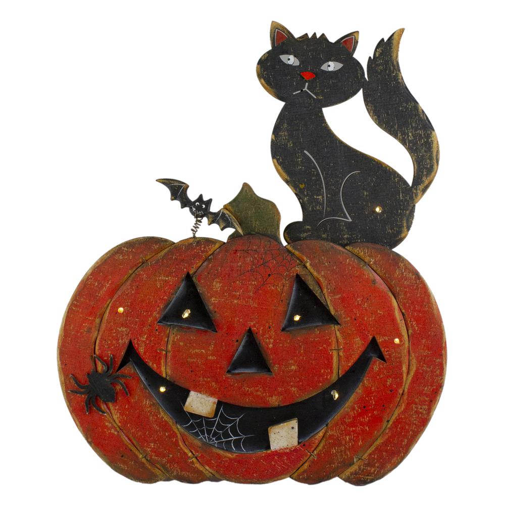 14" LED Lighted Jack-O-Lantern with Black Cat Halloween Decoration. Picture 1