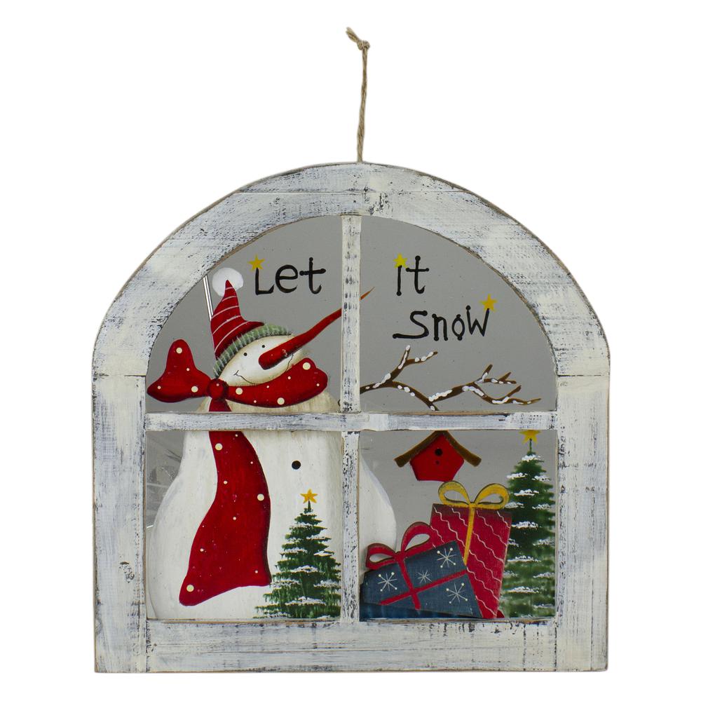 White Rustic "Let It Snow" Snowman Glass Window Scene Christmas Wall Decor. Picture 1