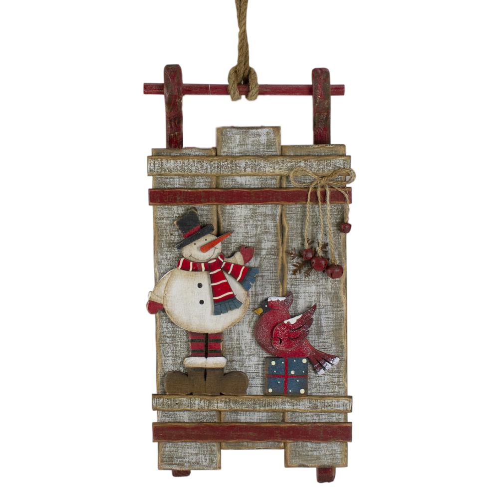 15.25" Brown and Red Wooden Snowman Sleigh Christmas Wall Decor. Picture 1
