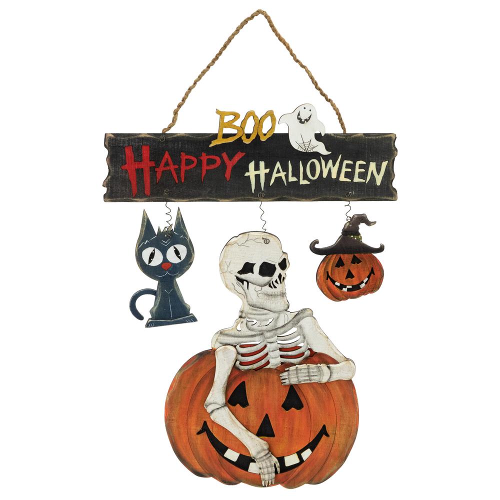 14.5" Skeleton with Jack-O-Lanterns and Black Cat "Happy Halloween" Wall Sign. Picture 1