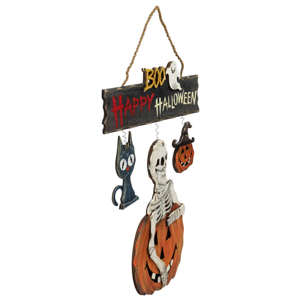 14.5" Skeleton with Jack-O-Lanterns and Black Cat "Happy Halloween" Wall Sign. Picture 3