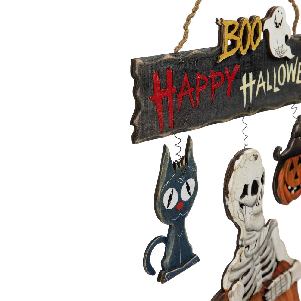 14.5" Skeleton with Jack-O-Lanterns and Black Cat "Happy Halloween" Wall Sign. Picture 2