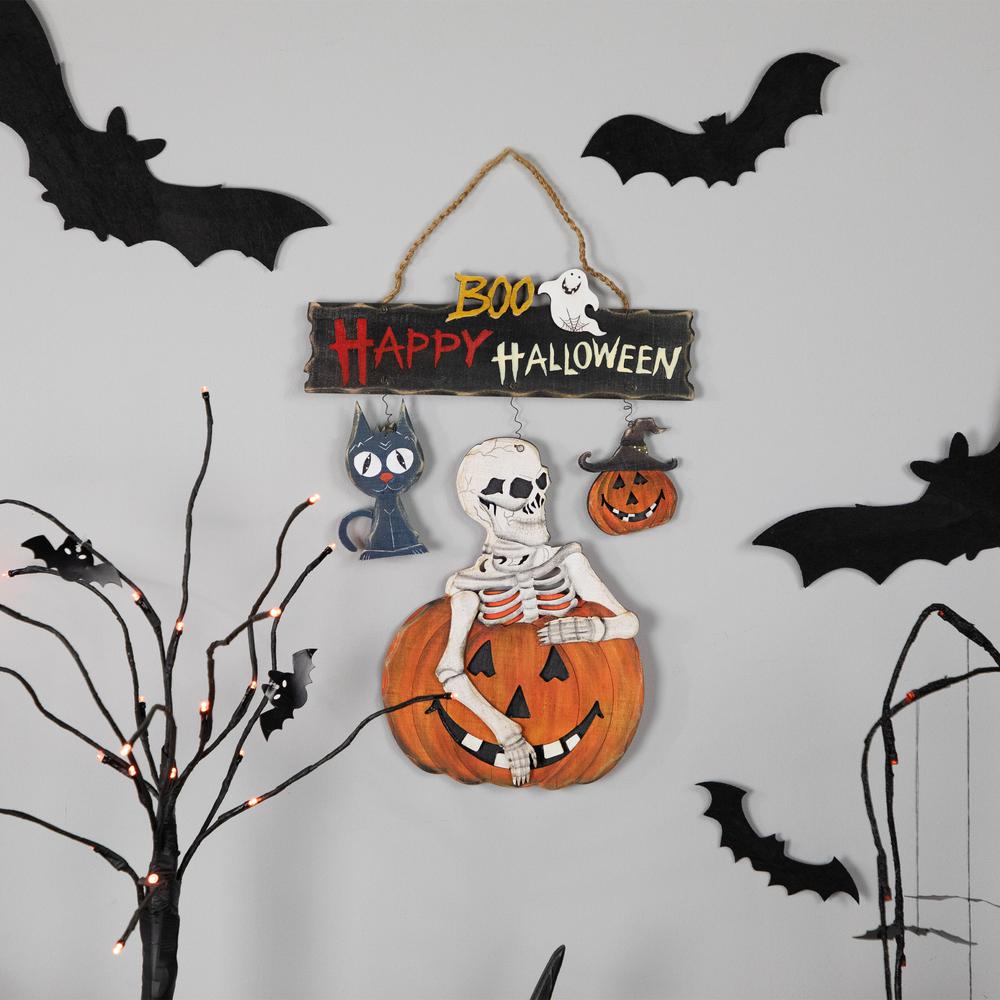 14.5" Skeleton with Jack-O-Lanterns and Black Cat "Happy Halloween" Wall Sign. Picture 6