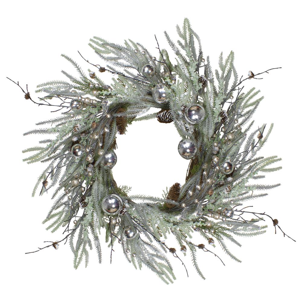 28" Artificial Pine Frosted Christmas Wreath with Silver Berries-Unlit. Picture 1