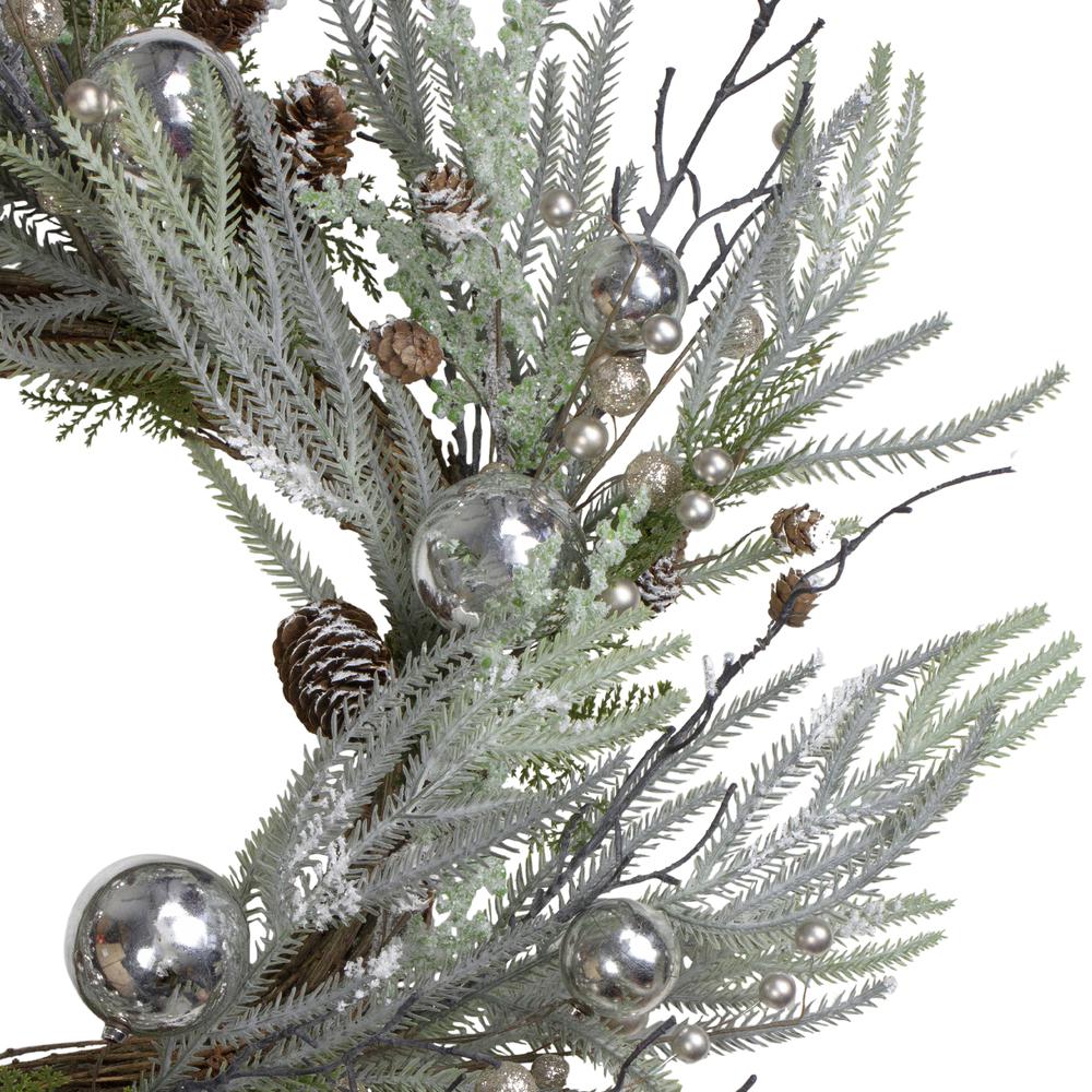 28" Artificial Pine Frosted Christmas Wreath with Silver Berries-Unlit. Picture 2