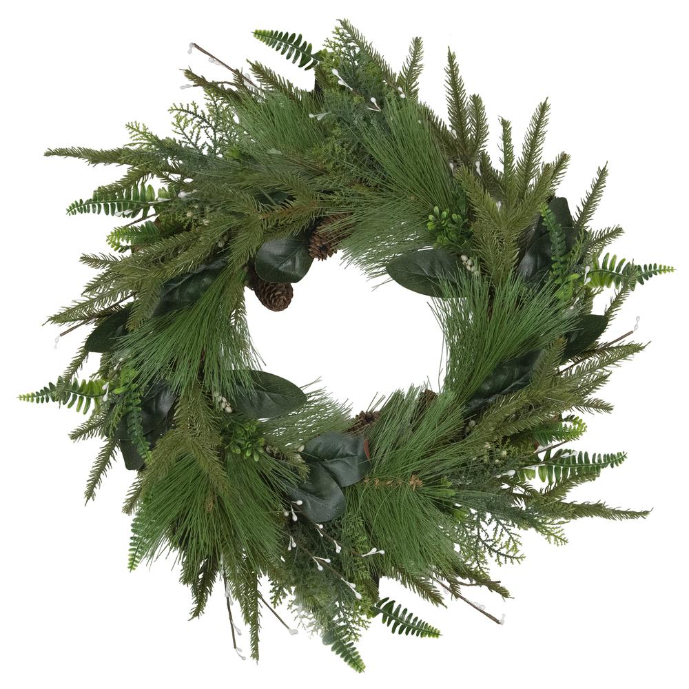 Long Needle Pine and Mixed Foliage Artificial Christmas Wreath  25-Inch  Unlit. Picture 1