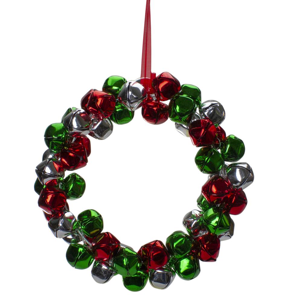 9" Red  Green  and Silver Jingle Bell Christmas Wreath. Picture 1