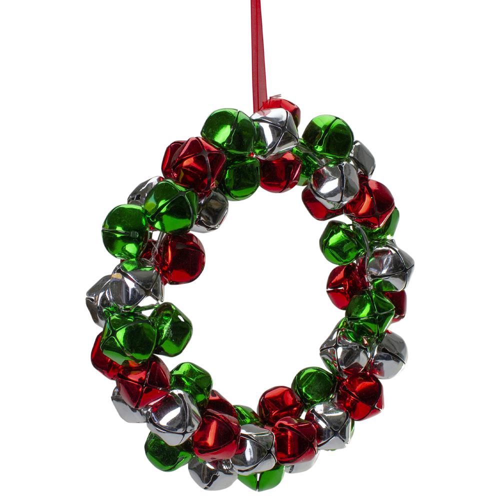 9" Red  Green  and Silver Jingle Bell Christmas Wreath. Picture 3